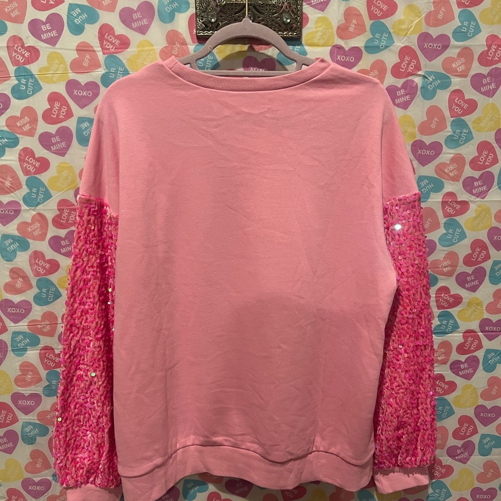 Pink valentines long sleeve, red love heart sparkle, pink sequin sleeves - Picture 5 of 8